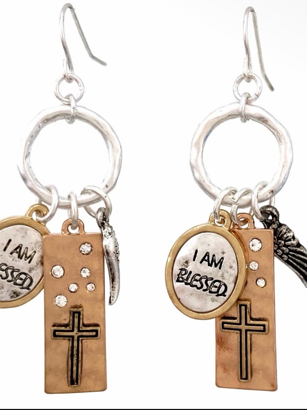NWT I AM BLESSED Wing Cross Charm Drop Earrings Copper Silver & Gold